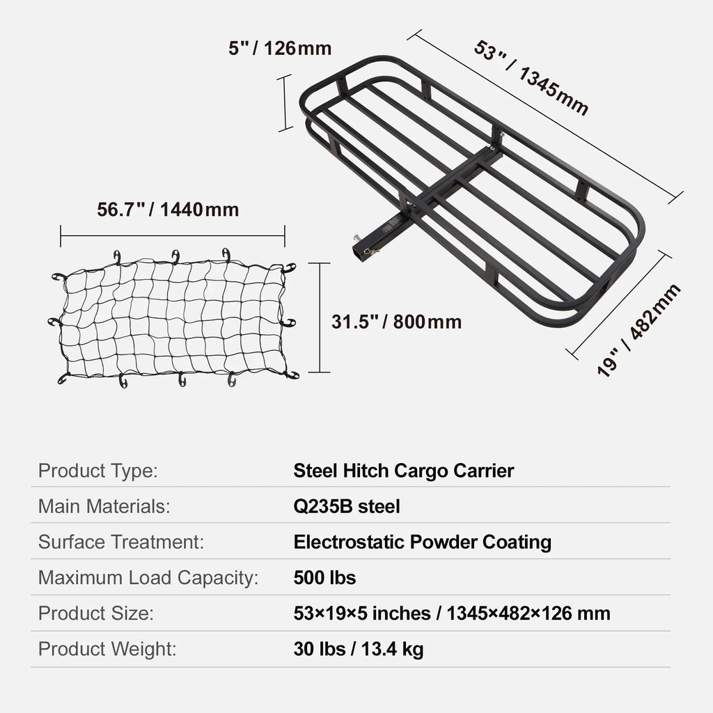 Cargo Fits Cargo Mount Net 53x19x5 2" Hitch 500lb in SKYSHALO Carrier & Receiver