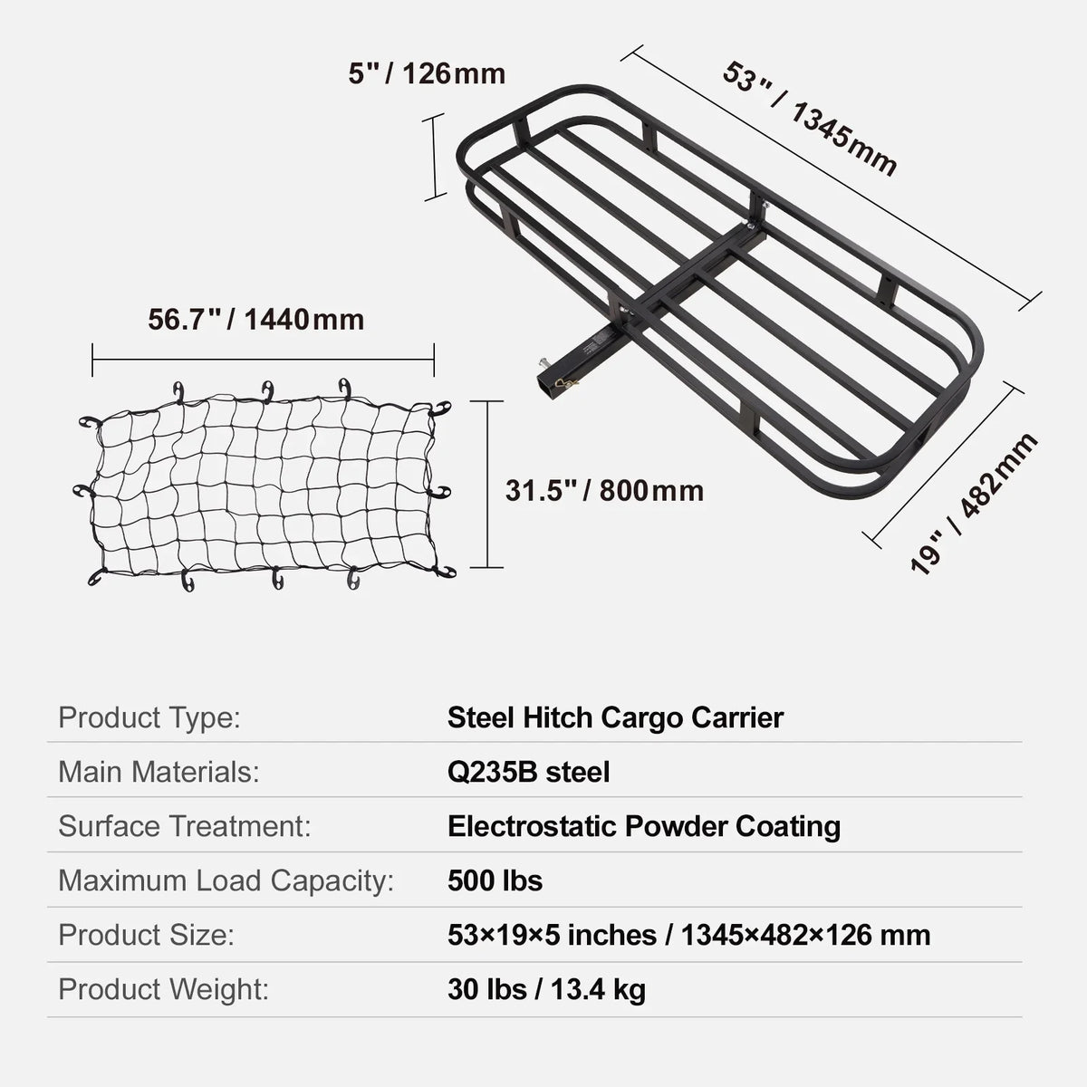 Cargo Fits Cargo Mount Net 53x19x5 2" Hitch 500lb in SKYSHALO Carrier & Receiver