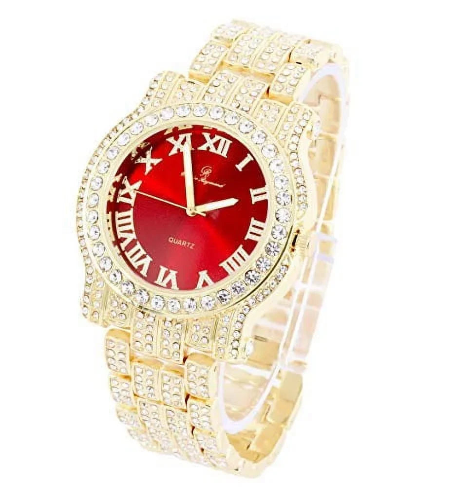 Bling-ed Watch Round Out w/Bling-ed Mens Link Luxury Red Design - Out Bracelet Blood ZZ Gold ZZ Gold L0504RNB
