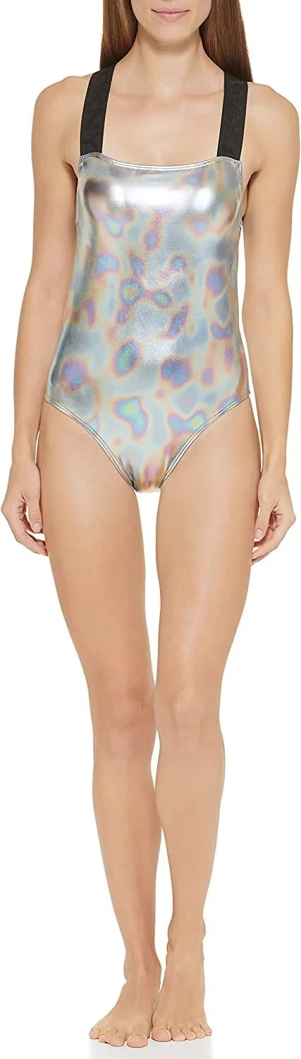 Swimsuit, US DKNY One-Piece Crisscross Medium SILVER Metallic