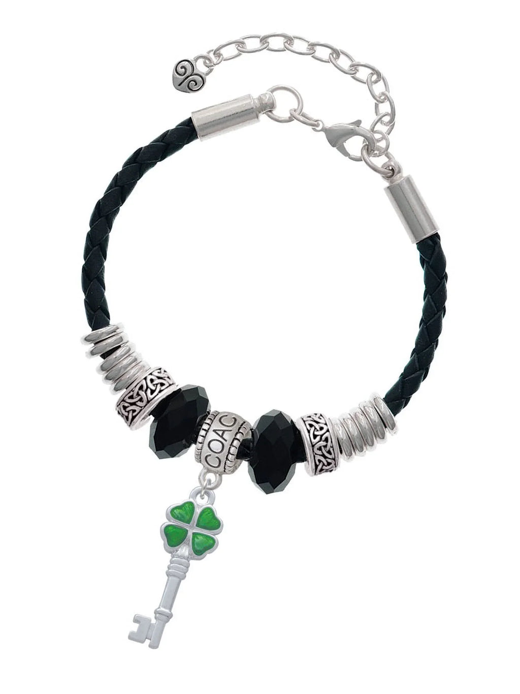Clover Coach Translucent Key Leaf 7"+2" Bracelet, Green Lucky Leather Knot Bead Extender Silvertone Four Celtic Delight Jewelry
