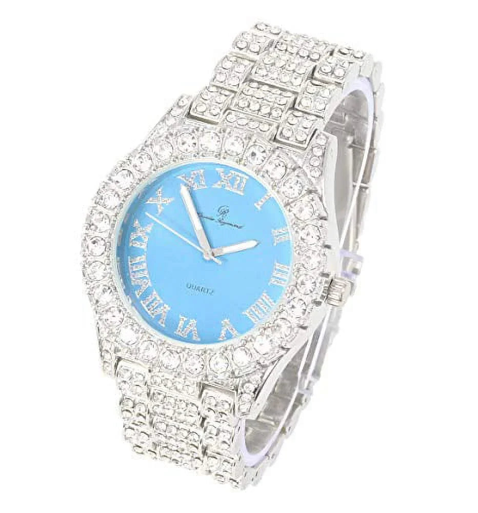 Roman Out Baby Blue) - with Silver Iced w/Bling'ed Silver Cuban ST10327 Fully Mens Numerals Out RN Shiny Watch Colorful (Silver Bracelet Dial Rocks Big Cuban