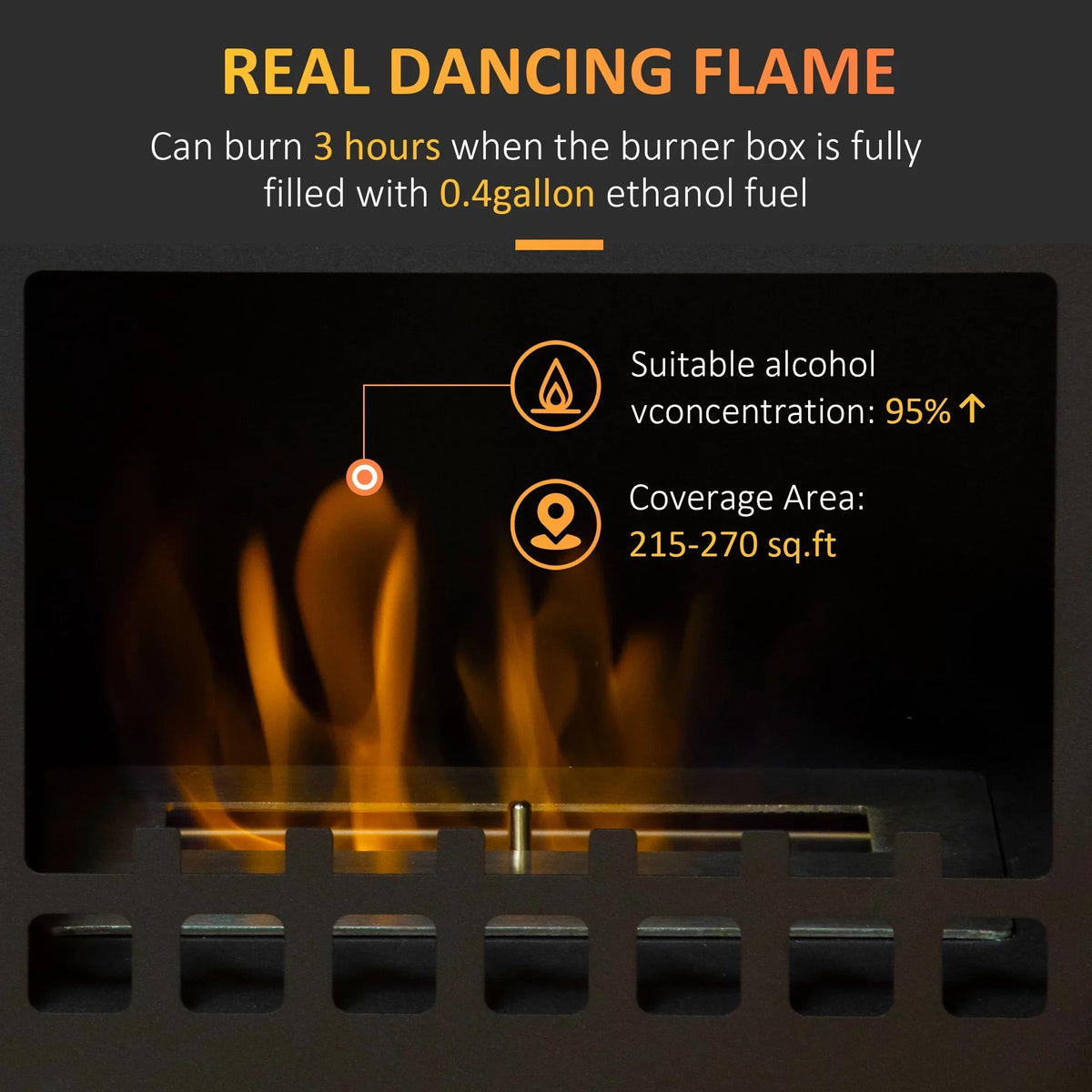 0.4 Sq. Stove Burns Gal Black Freestanding Heater to Max HOMCOM Hours, 3 up Ft., Fireplace, 470 9.75" Ethanol