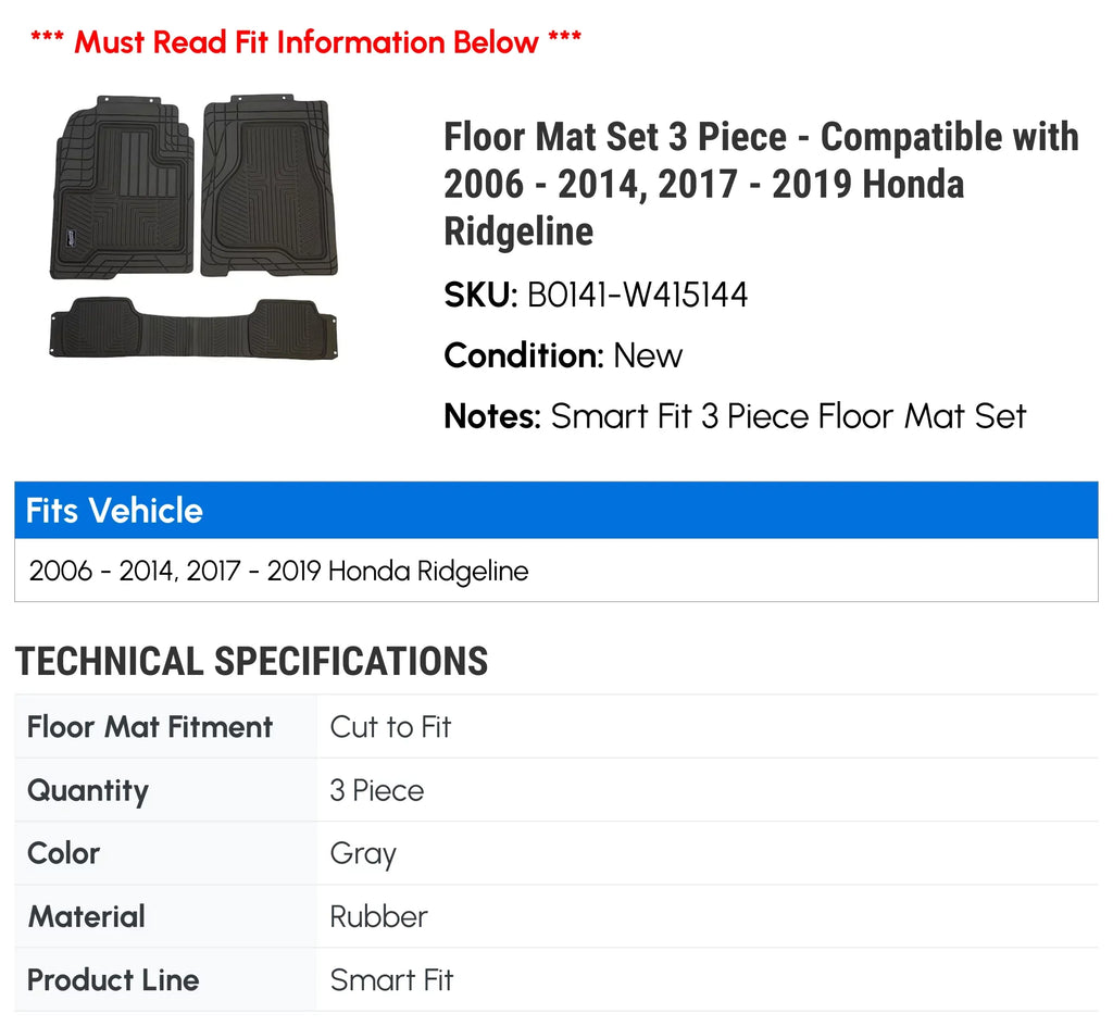 2007 Mat Compatible - Honda 2012 2017 2009 Floor 2010 2006 3 Ridgeline - with - 2014, 2019 Piece 2011 2013 2018 2008 Set
