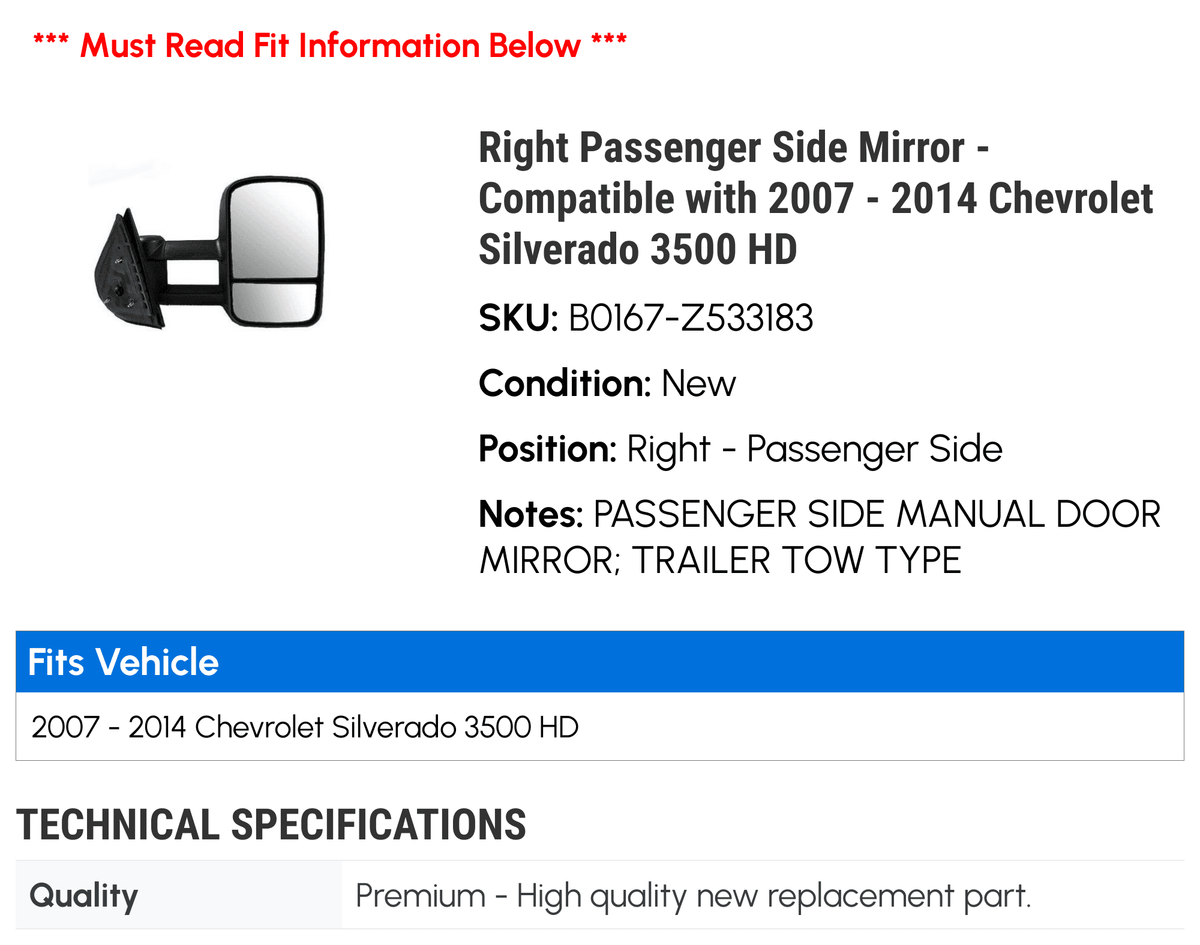 Silverado - - 2007 HD 2013 Right Side Chevy 2012 Mirror Compatible 2014 2011 3500 2010 2008 with Passenger 2009