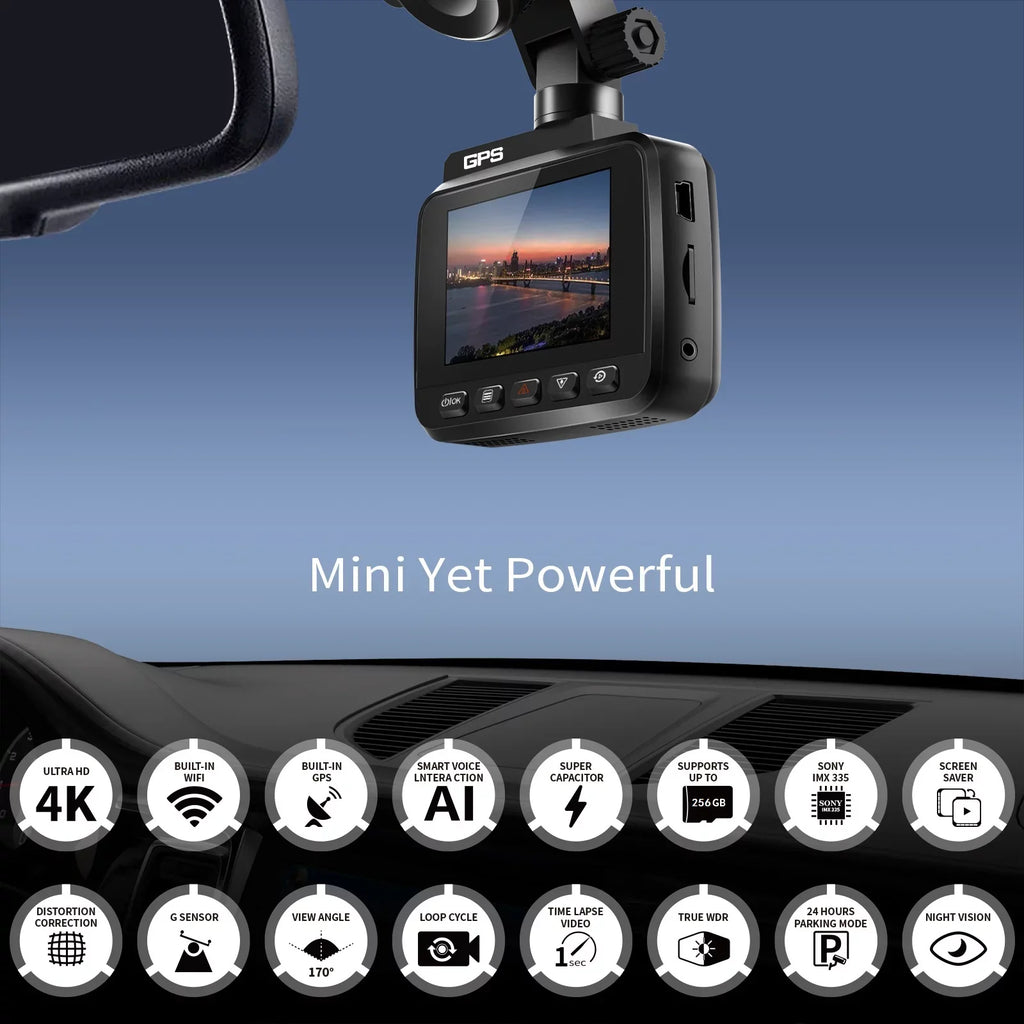 G-Sensor, WDR, GPS WiFi Wide 4K Recording, and Car for Camera, FHD with with Monitor, 2160P Built-in Recorder Cam Cars, Cam Vision, Loop Dash Front Dash Angle 170° Parking Driving Rear Night &