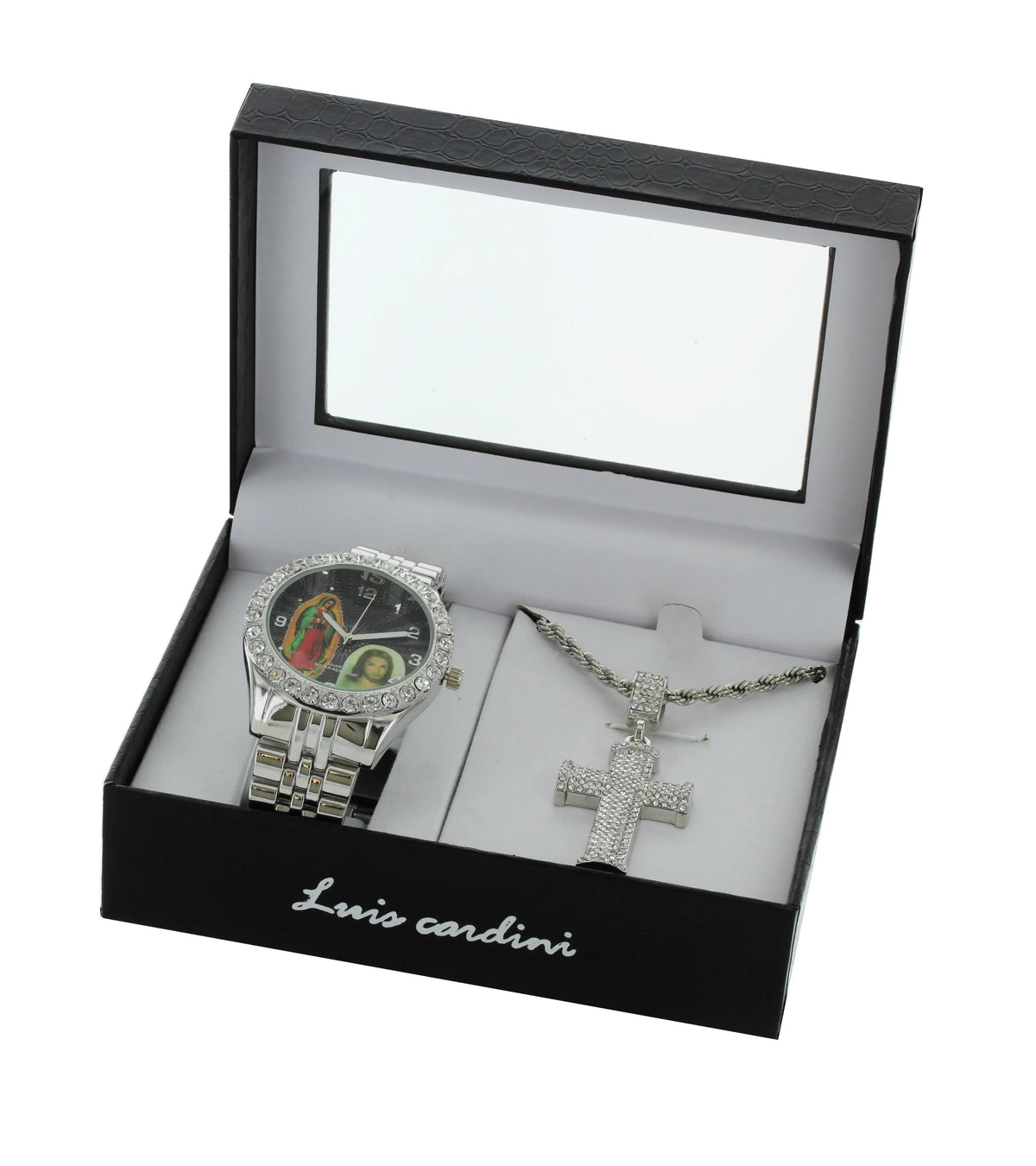 and Our Cross Bracelet with Watch Lady Guadalupe Set Neckless Jesus Silver-Tone Men's of Pendent Metal and