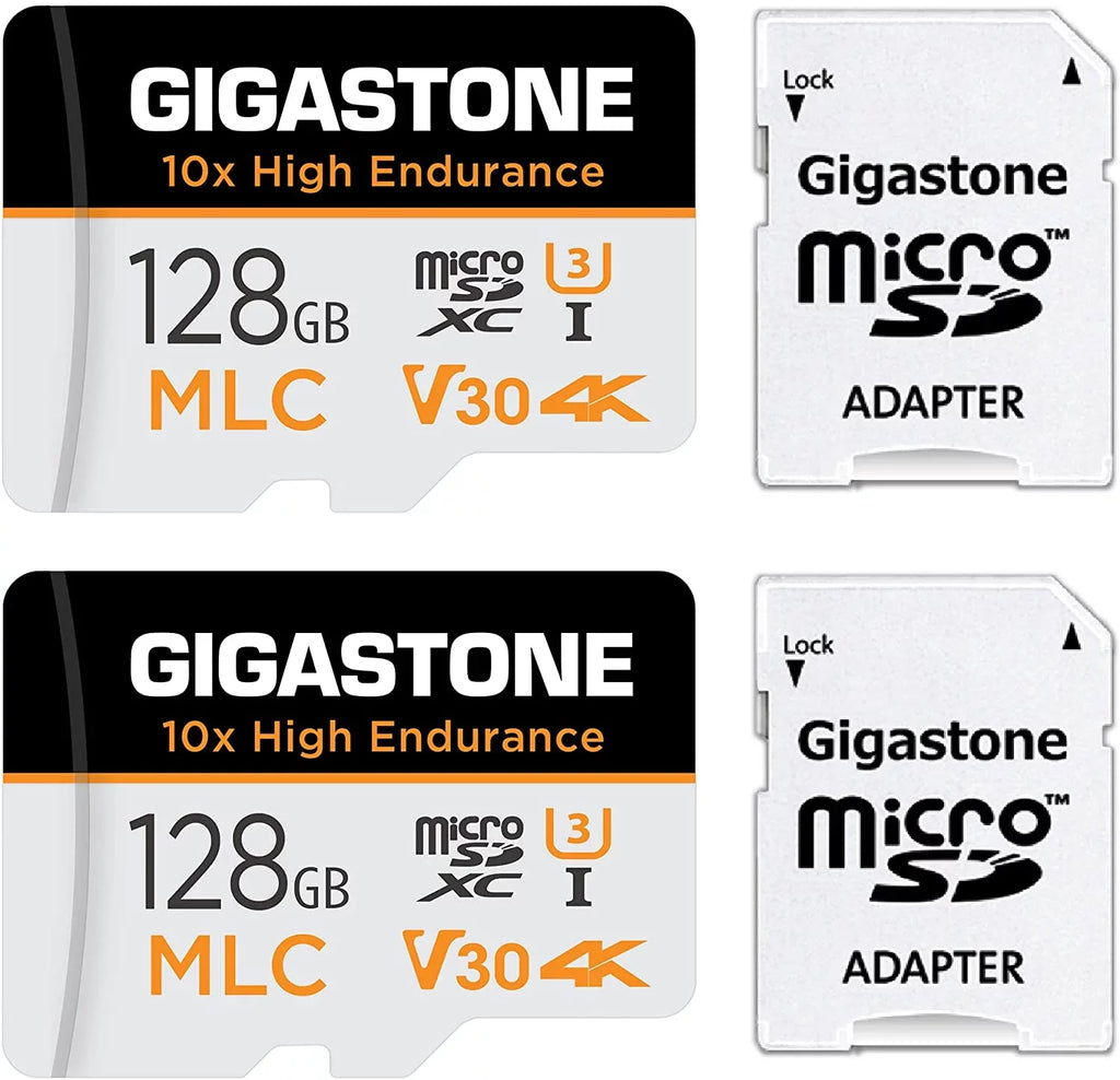 Endurance] Cam, Card, Compatible SD Gigastone Adapter High Dash Recording, Surveillance 2-Pack MLC C10, Video Cam, 128GB 4K with U3 Security [10x 100MB/s, Micro