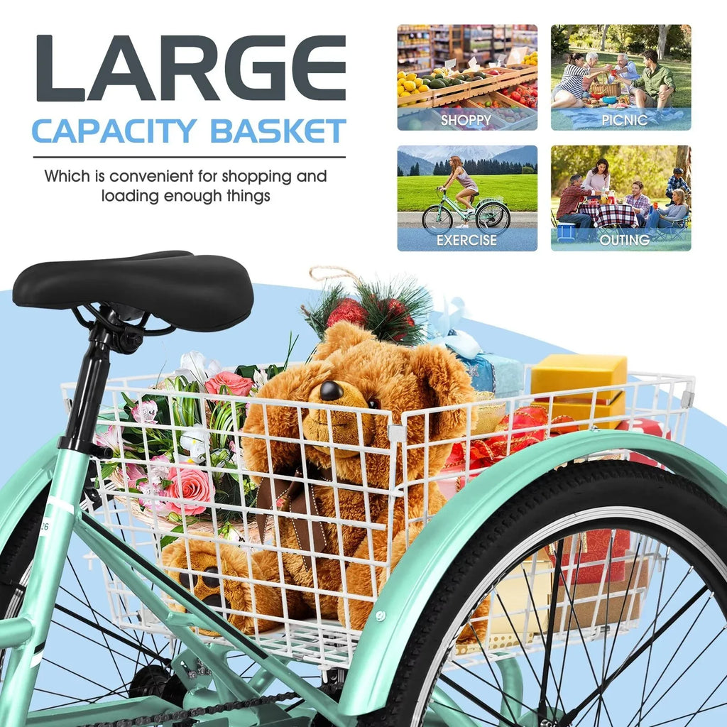 3-Wheeled Recreation Shopping, Trikes Rides, Mountain Heavy Exercise, Adventurous Adults 7-Speed w/Spacious MOPHOTO Tricycles, Bike and Basket 24"/26"/27.5" for Duty