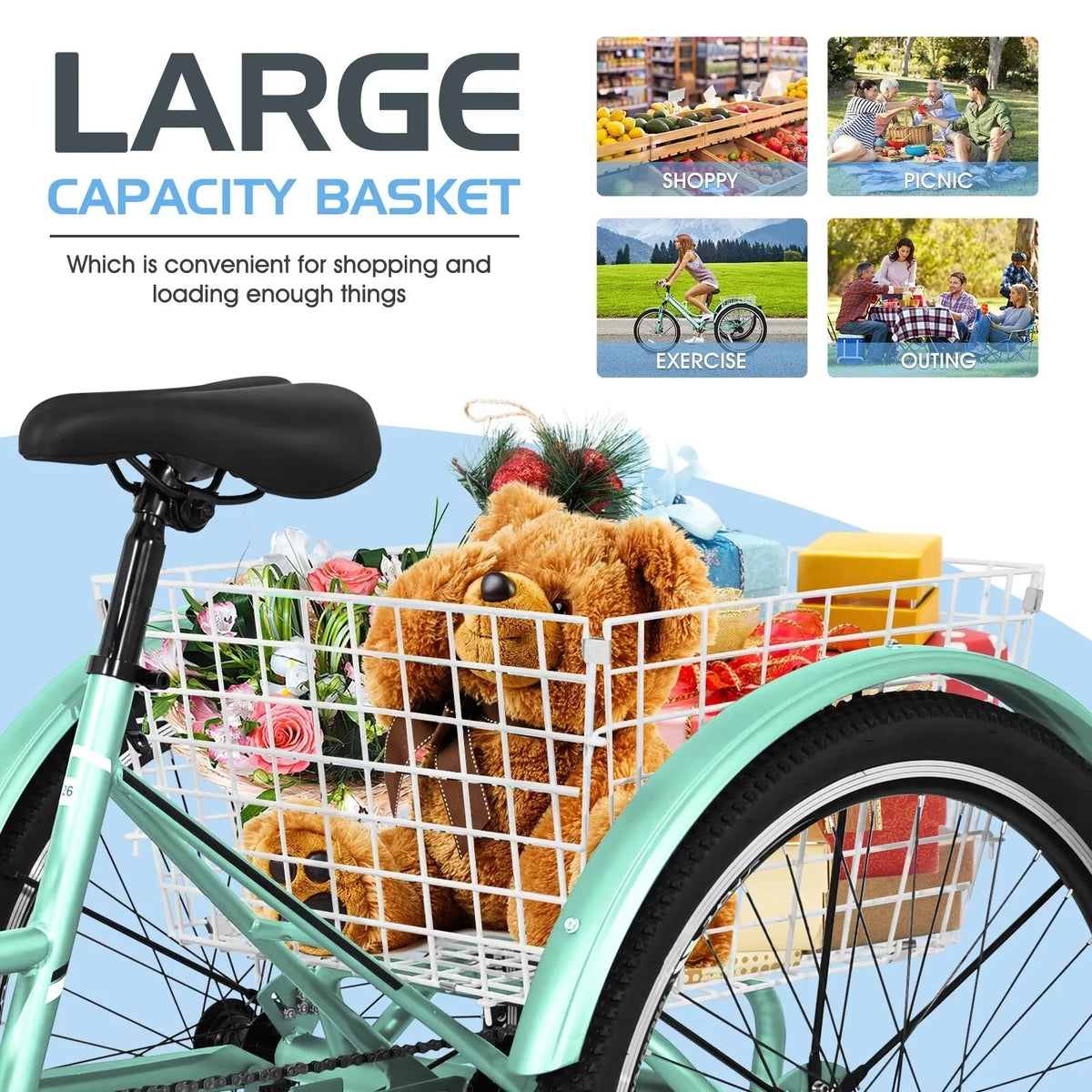 3-Wheeled Recreation Shopping, Trikes Rides, Mountain Heavy Exercise, Adventurous Adults 7-Speed w/Spacious MOPHOTO Tricycles, Bike and Basket 24"/26"/27.5" for Duty