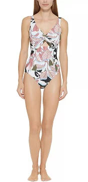 DKNY One-Piece WHITE Twist-Front 10 Cutout US Swimsuit, MULTI