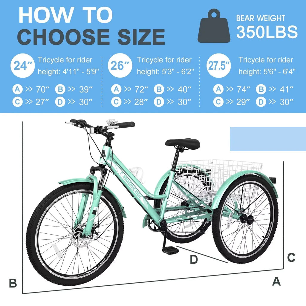 3-Wheeled Recreation Shopping, Trikes Rides, Mountain Heavy Exercise, Adventurous Adults 7-Speed w/Spacious MOPHOTO Tricycles, Bike and Basket 24"/26"/27.5" for Duty