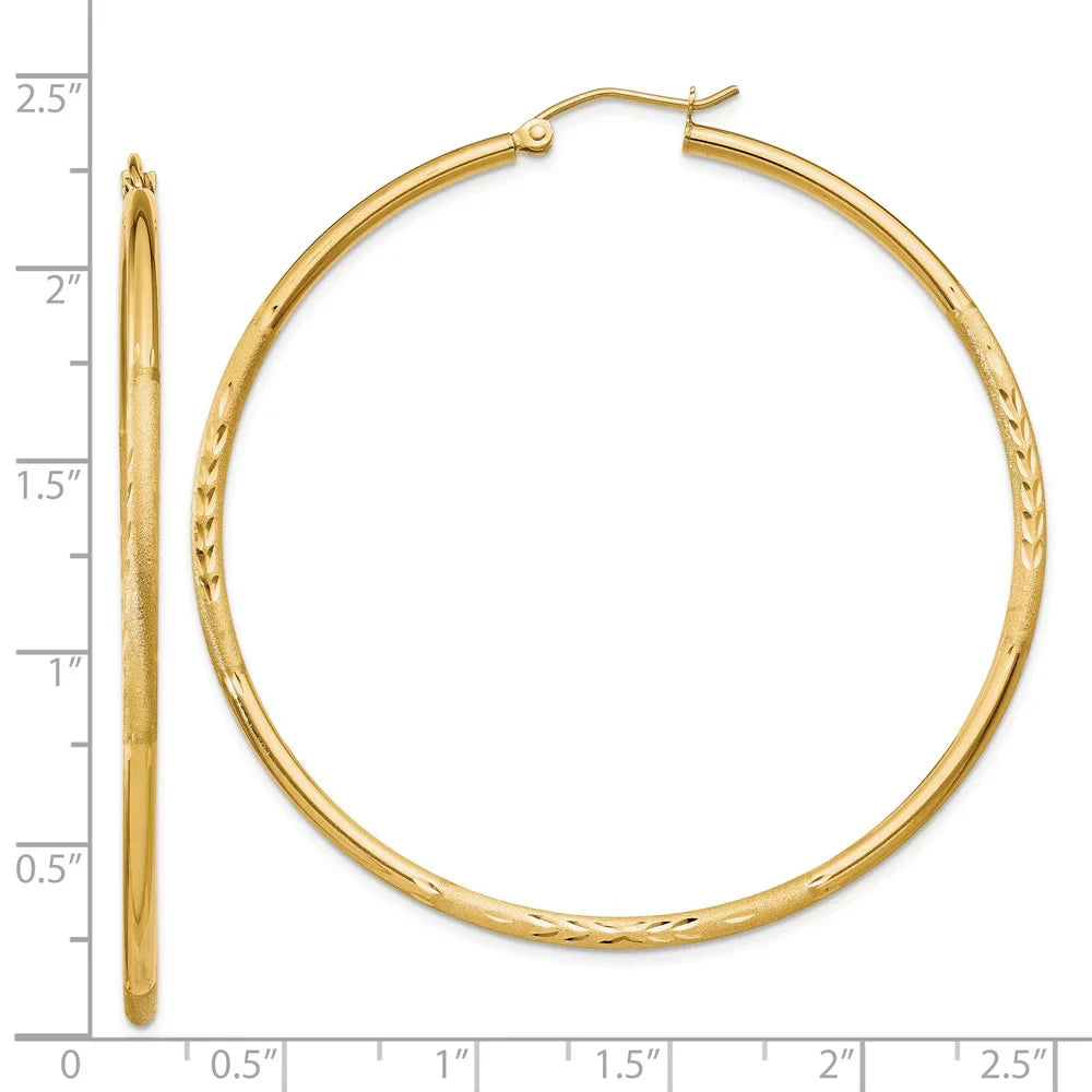 14kt Earrings; Tube Diamond-cut 2mm Women and Real Men Teens; Adults Round and for Satin Yellow and for Gold Hoop