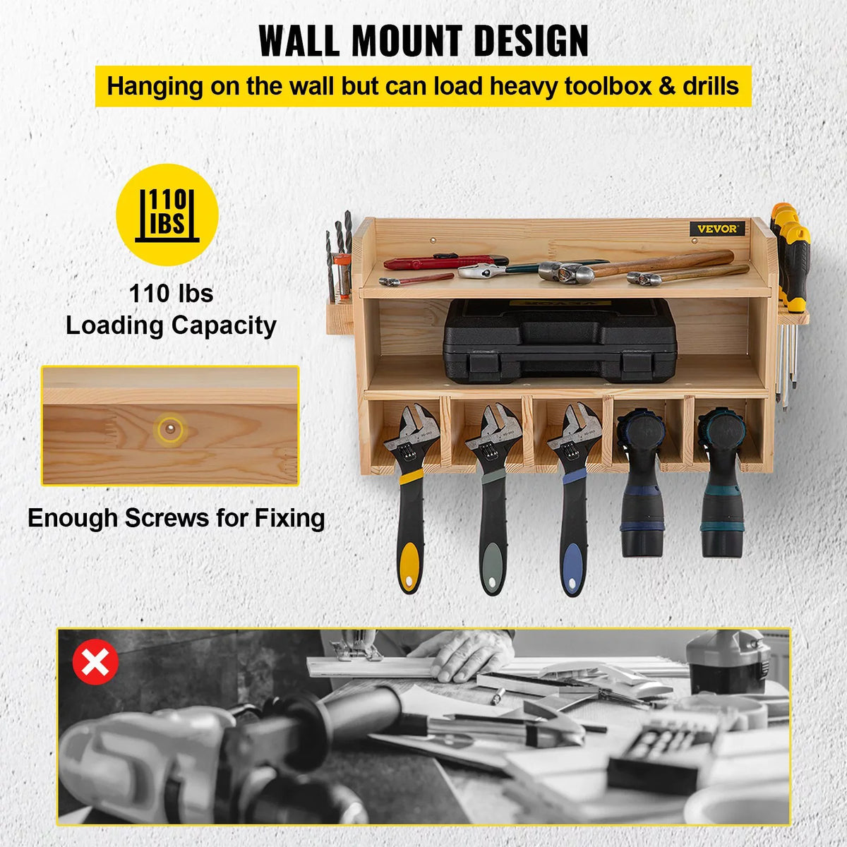 Tool Mount Slots, Wood Organizer, Polished Storage, Wall 2-Shelf Drill 5 Drill