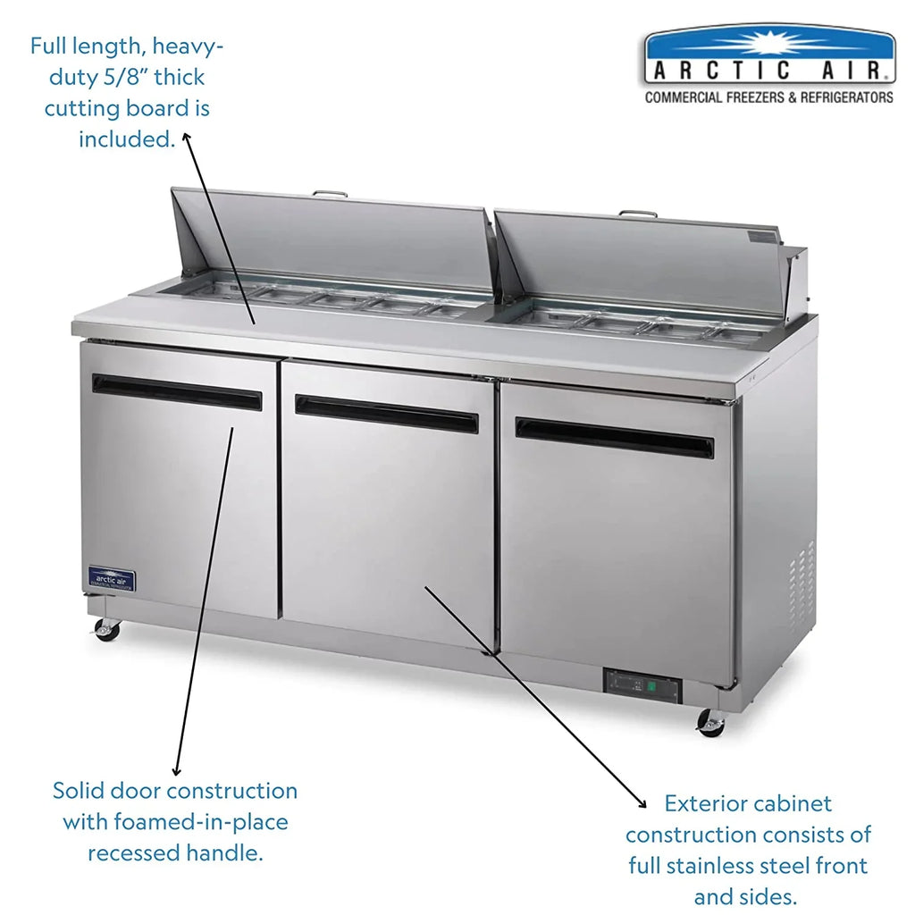 115v Prep Arctic 71.5-Inch AST72R Refrigerated 3-Door Table, Sandwich/Salad Air
