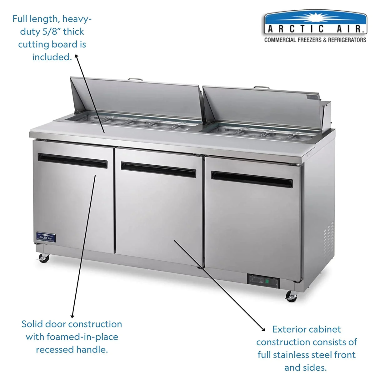 115v Prep Arctic 71.5-Inch AST72R Refrigerated 3-Door Table, Sandwich/Salad Air