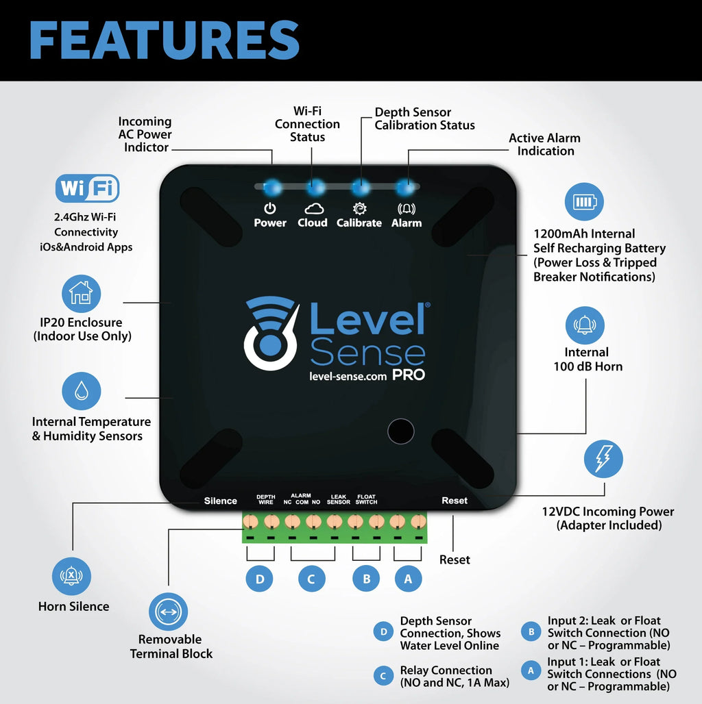 Level Detector Leak Sense Wi-Fi Humidity, Sump Pump, Temperature, Enabled PRO- and