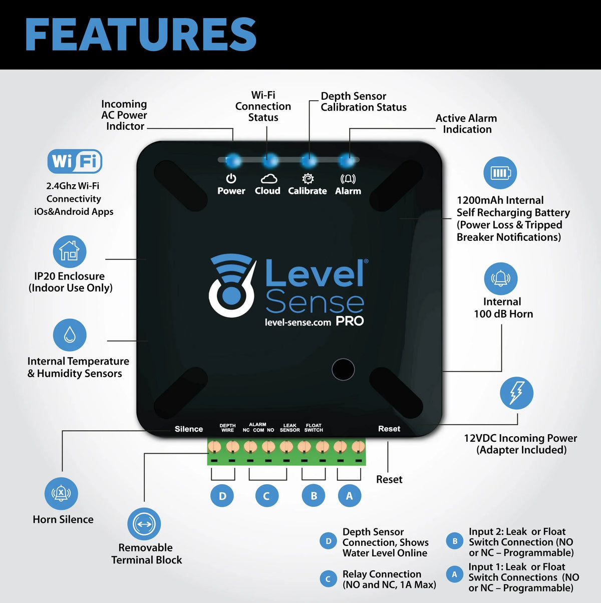 Level Detector Leak Sense Wi-Fi Humidity, Sump Pump, Temperature, Enabled PRO- and