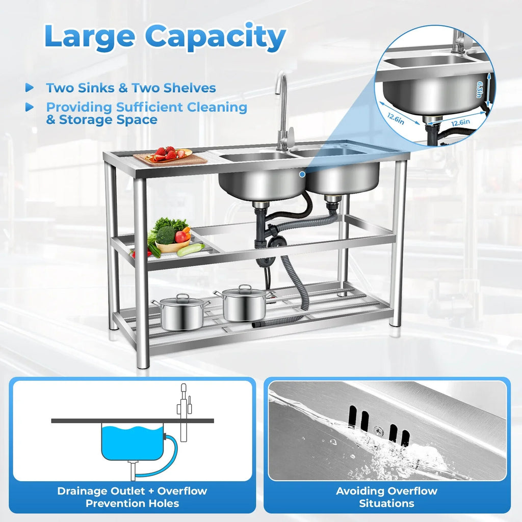 Stainless Utility w/Faucet Bowls Catering Kitchen Catering +Shelf Drainboard Bowl Bowl Sink 2 Prep Sink Kitchen 2 Prep Catering Sink 304 w/ Bowls Home Table Commercial Table Prep Steel Kitchen