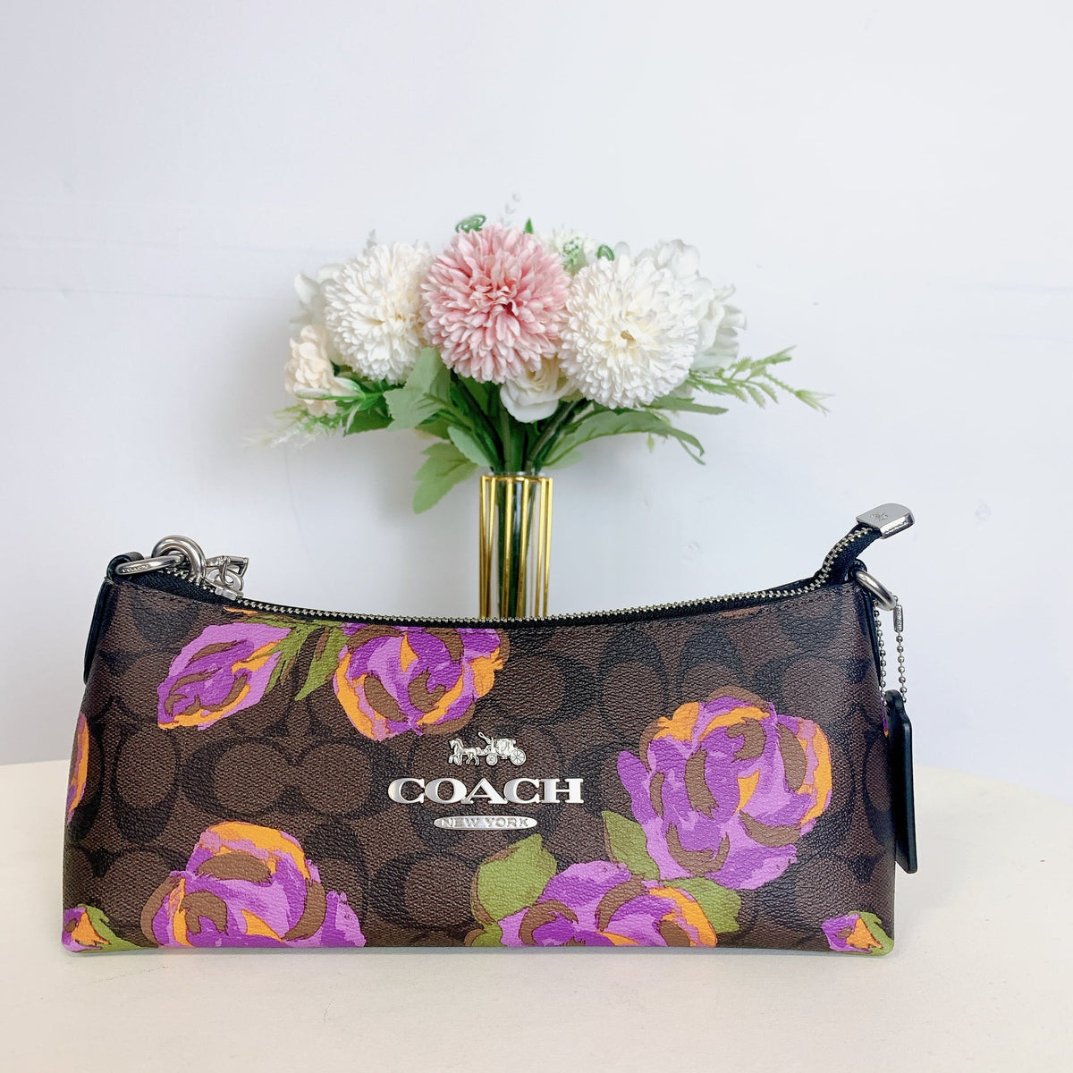 CL406 Multi Signature In Print Rose Brown Coach Iris Charlotte IN Canvas Shoulder Bag With