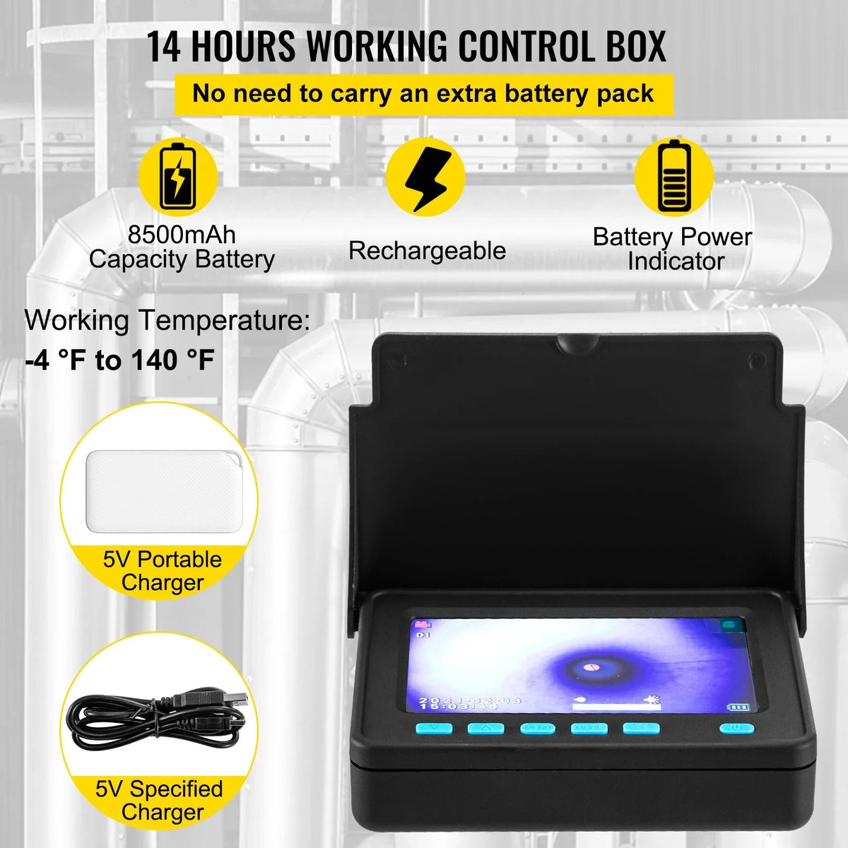 Sewer DVR Camera Monitor, Camera Battery, Pipeline 30M Function, 4.3 IP68, Inspection 98.4 LEDs, LCD Waterproof FT Cable, VEVOR 6 Inch - 8500mAh