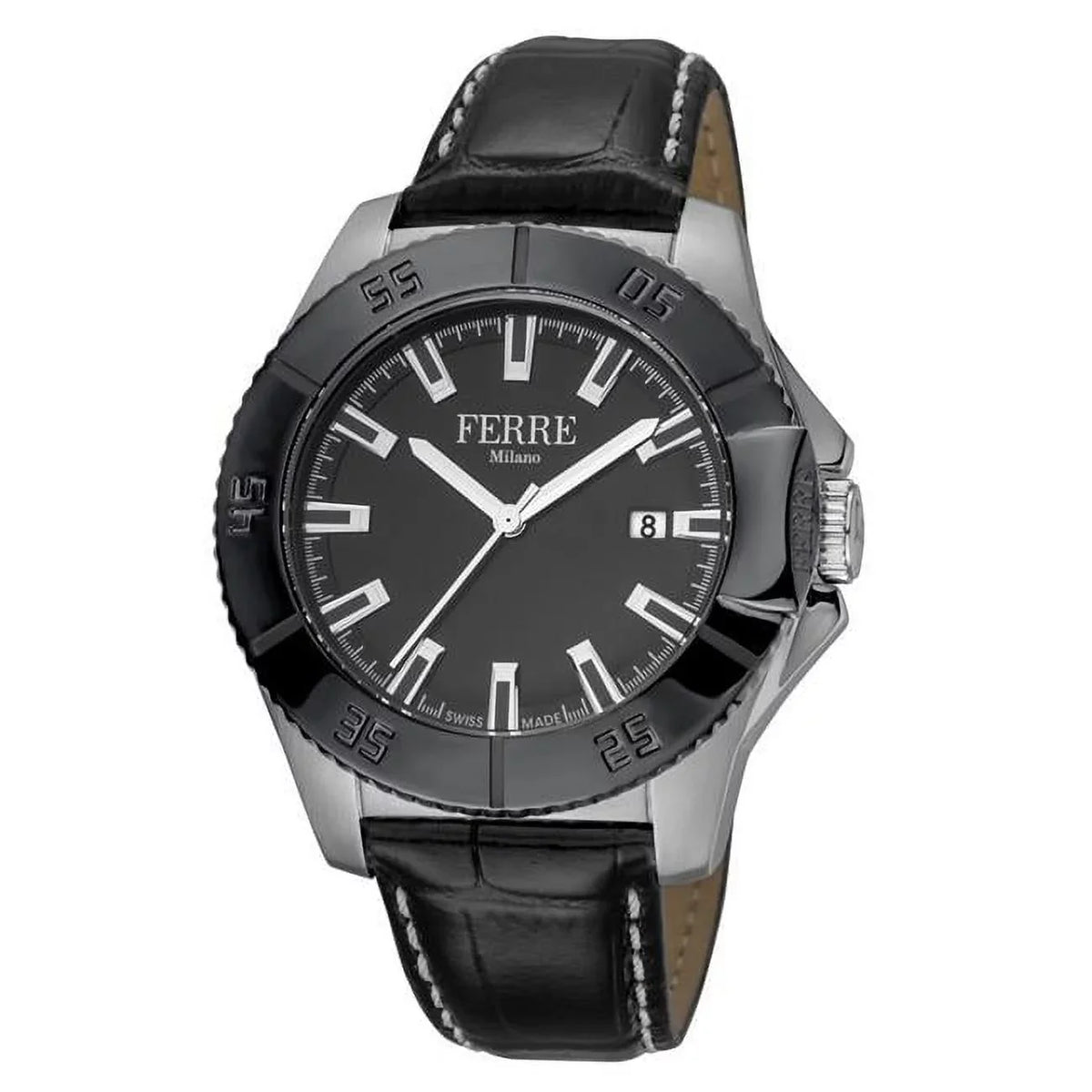 Calfskin Quartz Watch Black Made with Leather Strap Black Swiss Dial Mens
