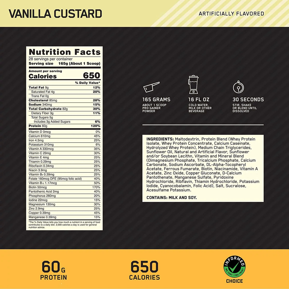 Servings Gold Optimum Standard Gainer, Vanilla 10.19 Custard, 28 Nutrition, lb, Pro