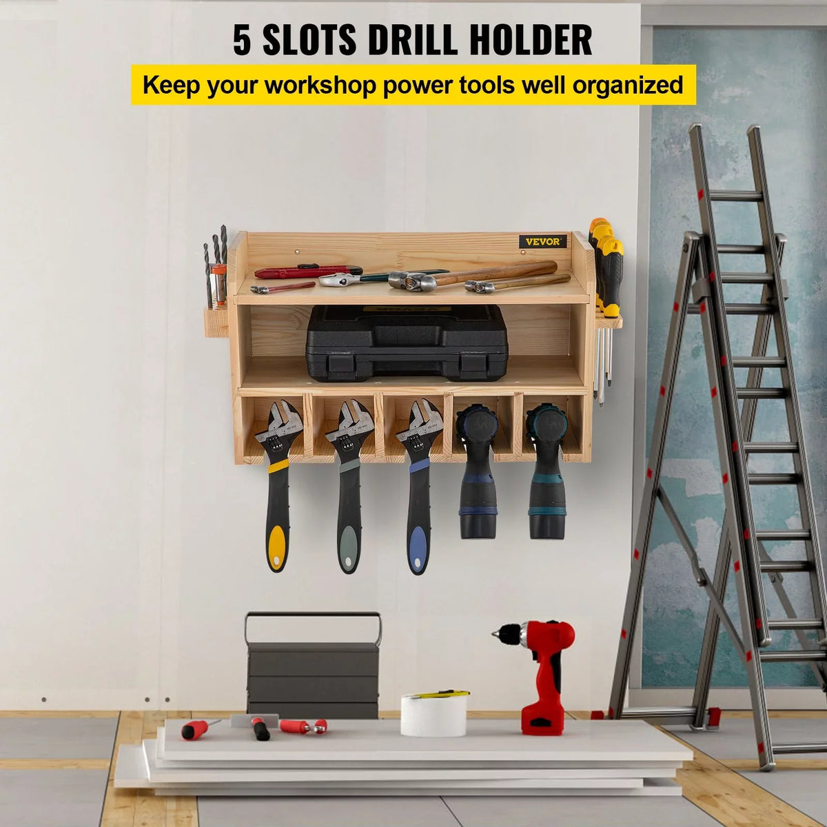 Tool Mount Slots, Wood Organizer, Polished Storage, Wall 2-Shelf Drill 5 Drill