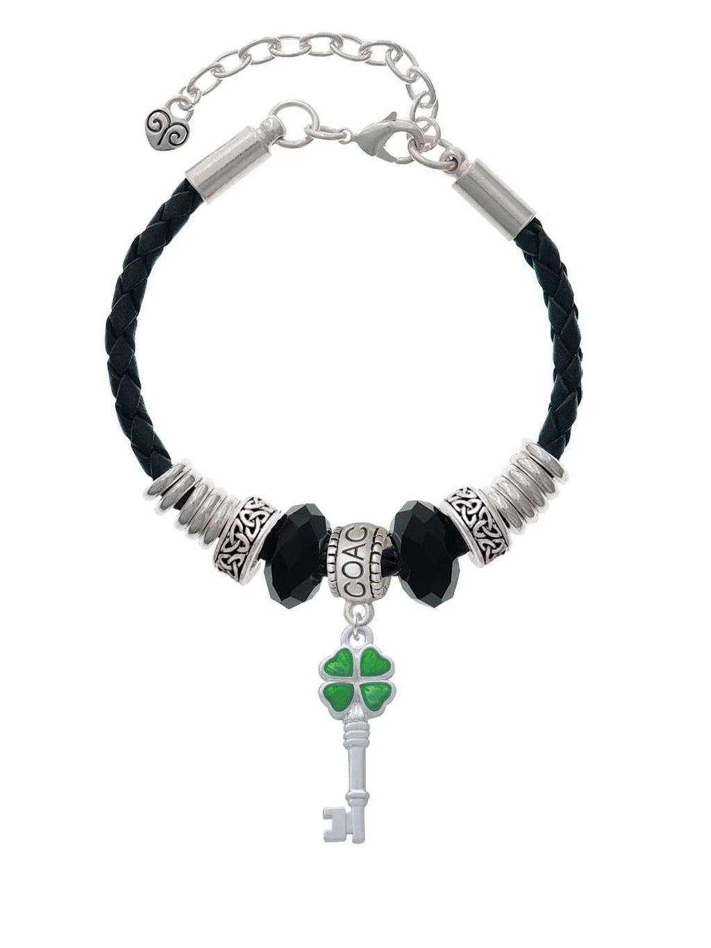 Clover Coach Translucent Key Leaf 7"+2" Bracelet, Green Lucky Leather Knot Bead Extender Silvertone Four Celtic Delight Jewelry