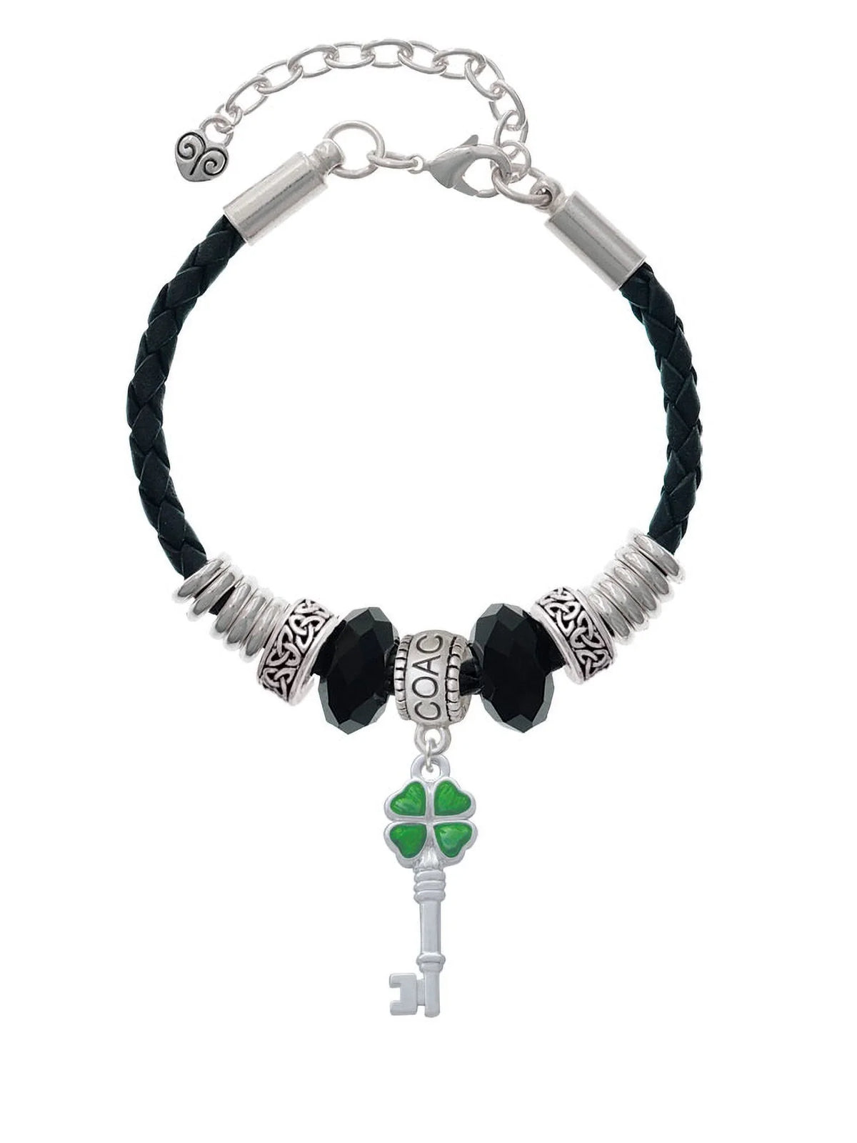 Clover Coach Translucent Key Leaf 7"+2" Bracelet, Green Lucky Leather Knot Bead Extender Silvertone Four Celtic Delight Jewelry