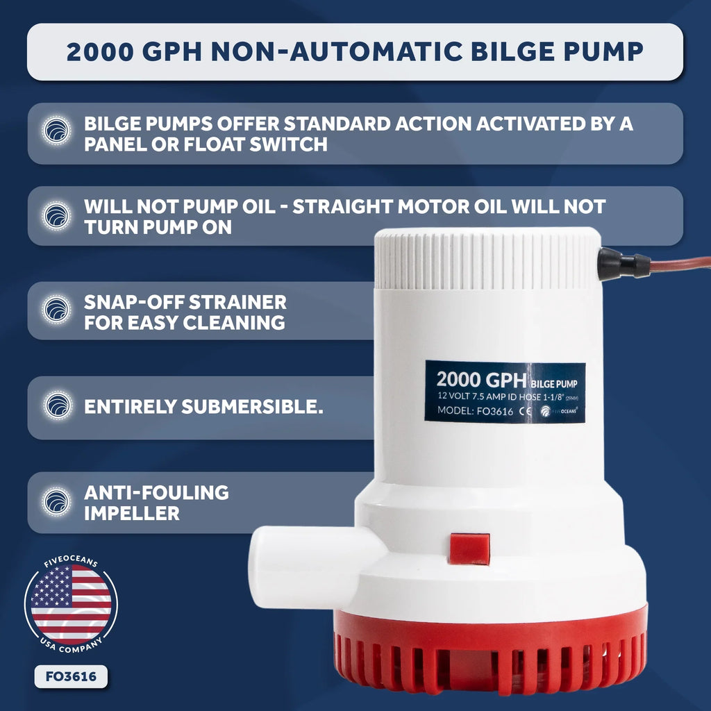 LPH GPH (29mm) Float Oceans Five 7571 Inside / Bilge - Kit, 12-Volts, 2000 Pump 1-1/8-Inch Diameter with Switch FO3616-C2 Automatic Hose, Heavy-Duty