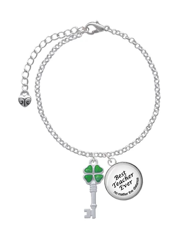Charm Teacher Dome Delight Best Key Lucky Translucent Bracelet Jewelry Leaf Four Clover Silvertone Ever Green