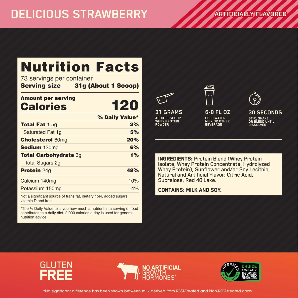 Whey Delicious lb, Servings Gold Strawberry, Powder, Standard 100% 73 Nutrition, Protein Optimum 5