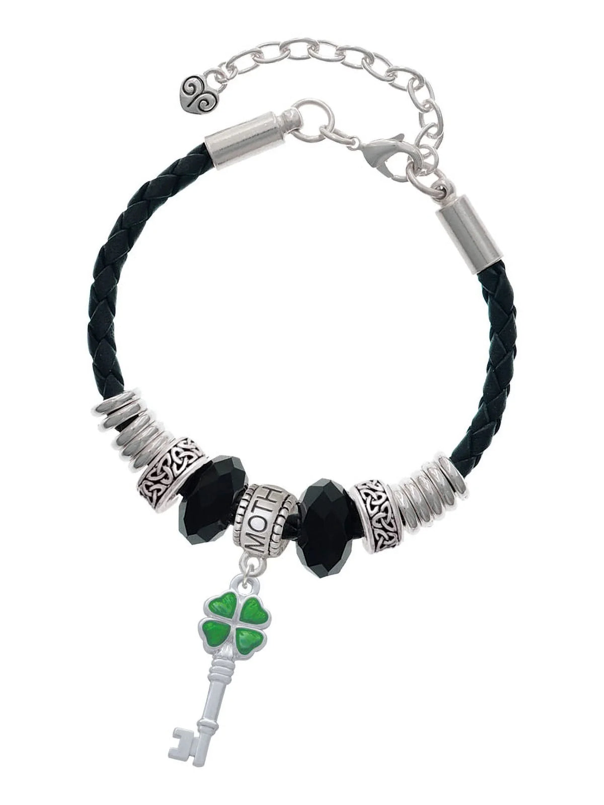 7"+2" Leaf Jewelry Extender Celtic Bracelet, Silvertone Lucky Key Four Leather Clover Bead Knot Translucent Green Delight Mother