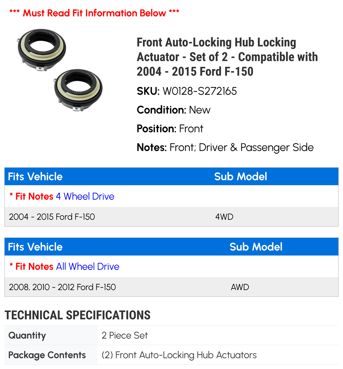 Hub - 2005 2015 2008 of 2 with 2010 2014 4WD, 2012 2013 2004 2011 Front 2009 Locking Auto-Locking Set 2006 F-150 2007 - Actuator - Compatible AWD