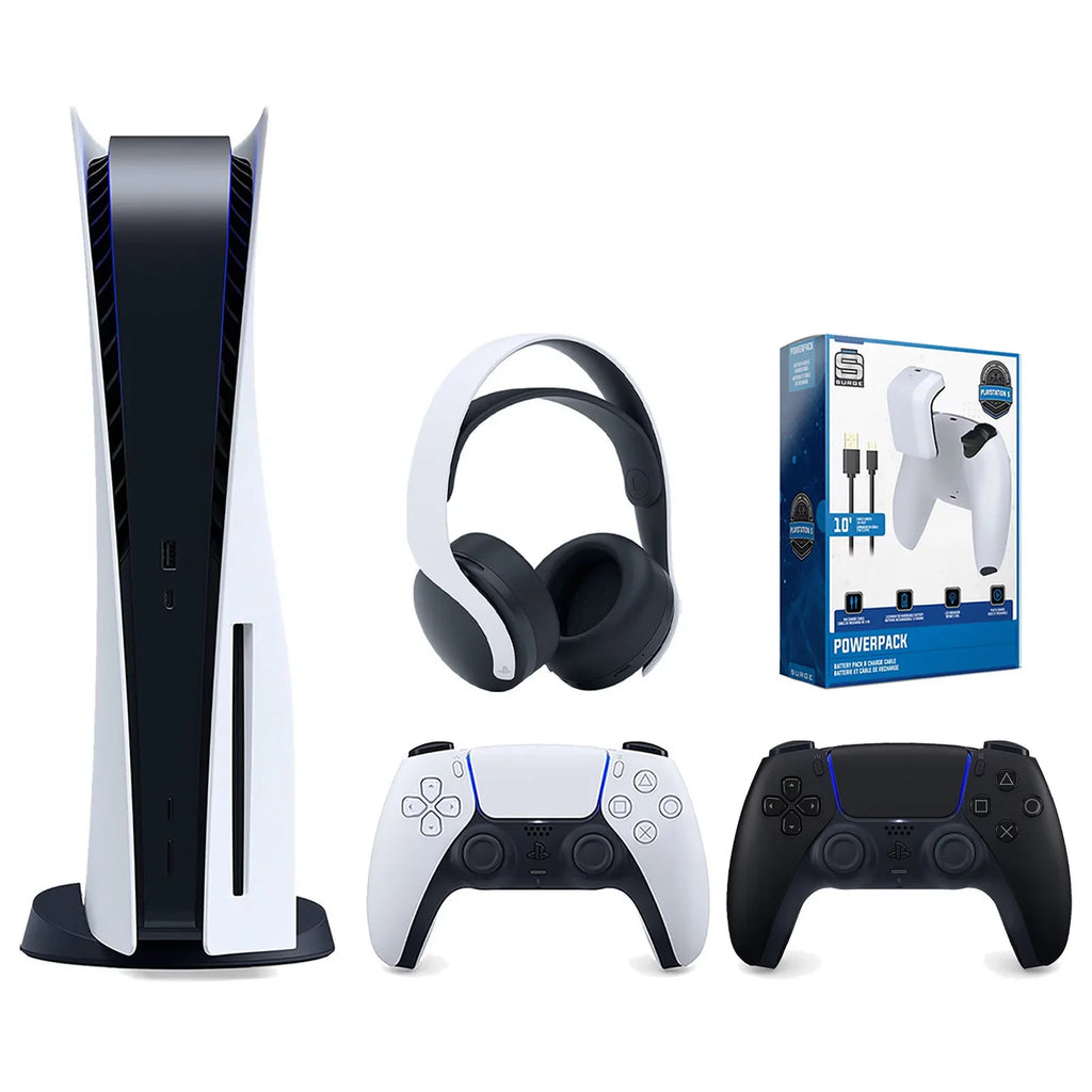 Disc and Black Surge 3D PULSE Version 5 & Controller, Charge Battery Headset Bundle Pack Cable White PowerPack Console Extra with Playstation