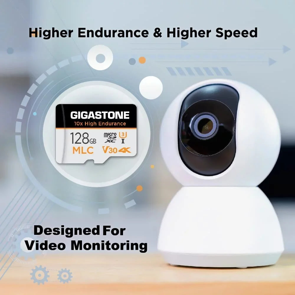 Endurance] Cam, Card, Compatible SD Gigastone Adapter High Dash Recording, Surveillance 2-Pack MLC C10, Video Cam, 128GB 4K with U3 Security [10x 100MB/s, Micro