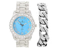Roman Out Baby Blue) - with Silver Iced w/Bling'ed Silver Cuban ST10327 Fully Mens Numerals Out RN Shiny Watch Colorful (Silver Bracelet Dial Rocks Big Cuban