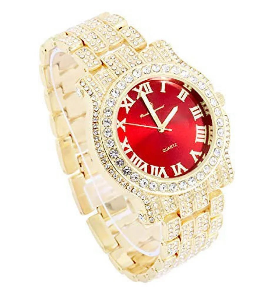 Bling-ed Watch Round Out w/Bling-ed Mens Link Luxury Red Design - Out Bracelet Blood ZZ Gold ZZ Gold L0504RNB