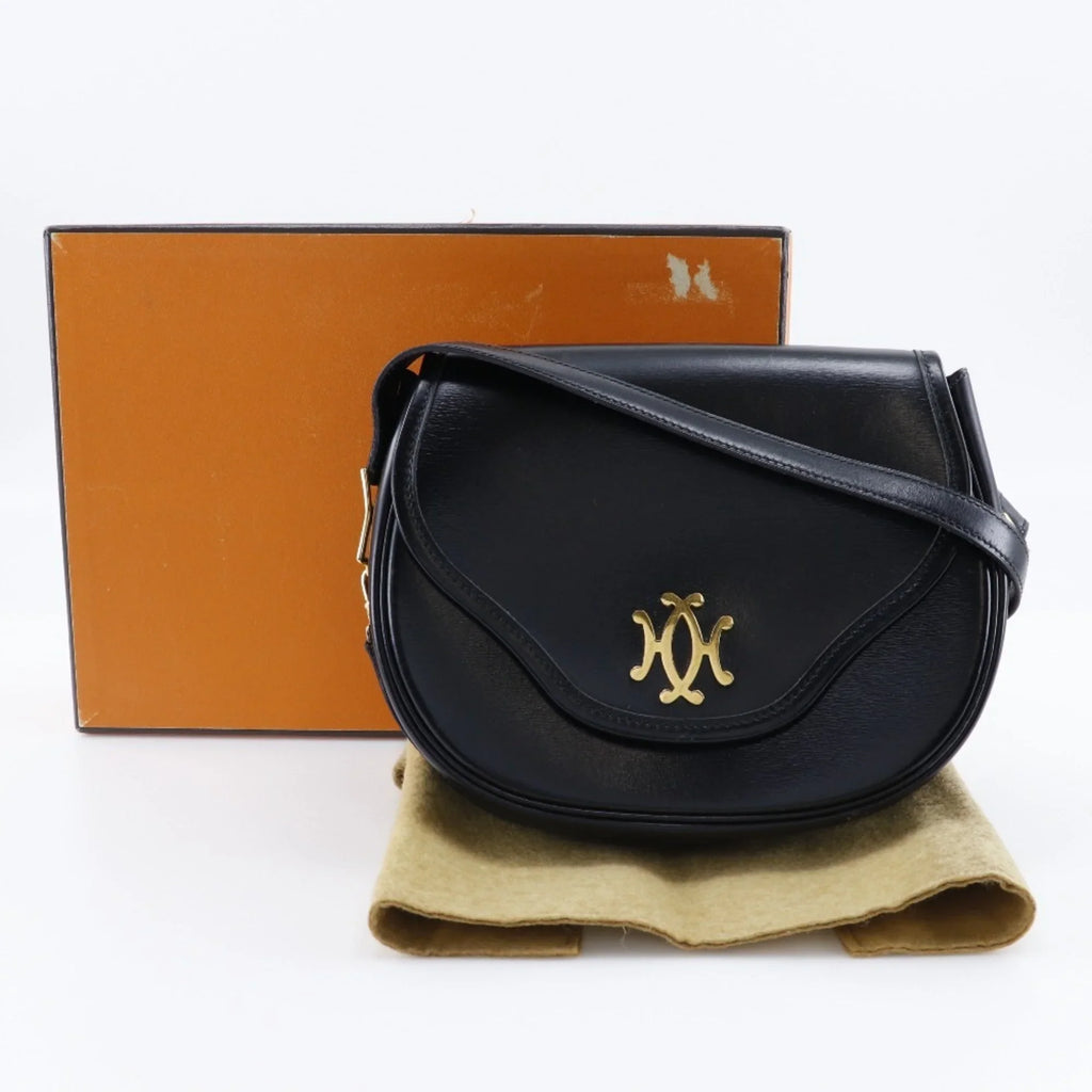 Pre-Owned France Calf Vintage Double Button Shoulder Bag Made Hardware in 〇M Black/Gold Hermes Ladies HERMES 1983 Crossbody H Snap (Fair)