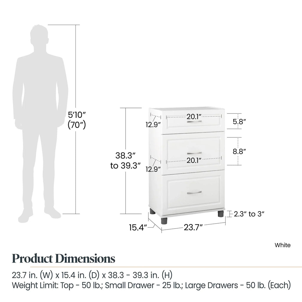 24" Systembuild Cabinet, Evolution Garage 3 Drawer Base White Storage Kendall