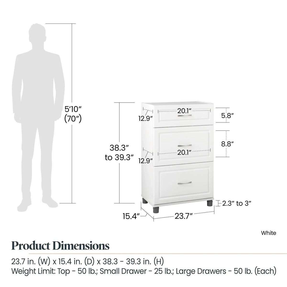 24" Systembuild Cabinet, Evolution Garage 3 Drawer Base White Storage Kendall
