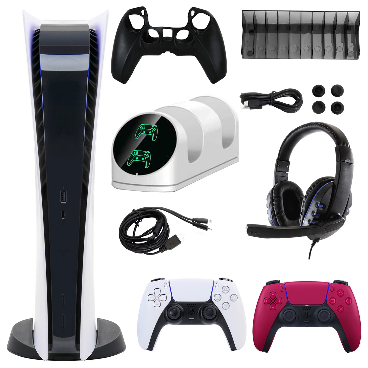 5 Console (PS5, Red Version) with PlayStation Dualsense Controller and Digital Extra Accessories Kit PlayStation Digital