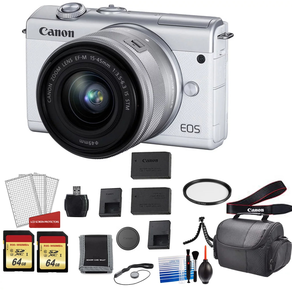 '+ + Canon Lens Spare More Kit EOS Camera Digital Memory with 15-45mm with Battery M200 Mirrorless (White) Card 128GB