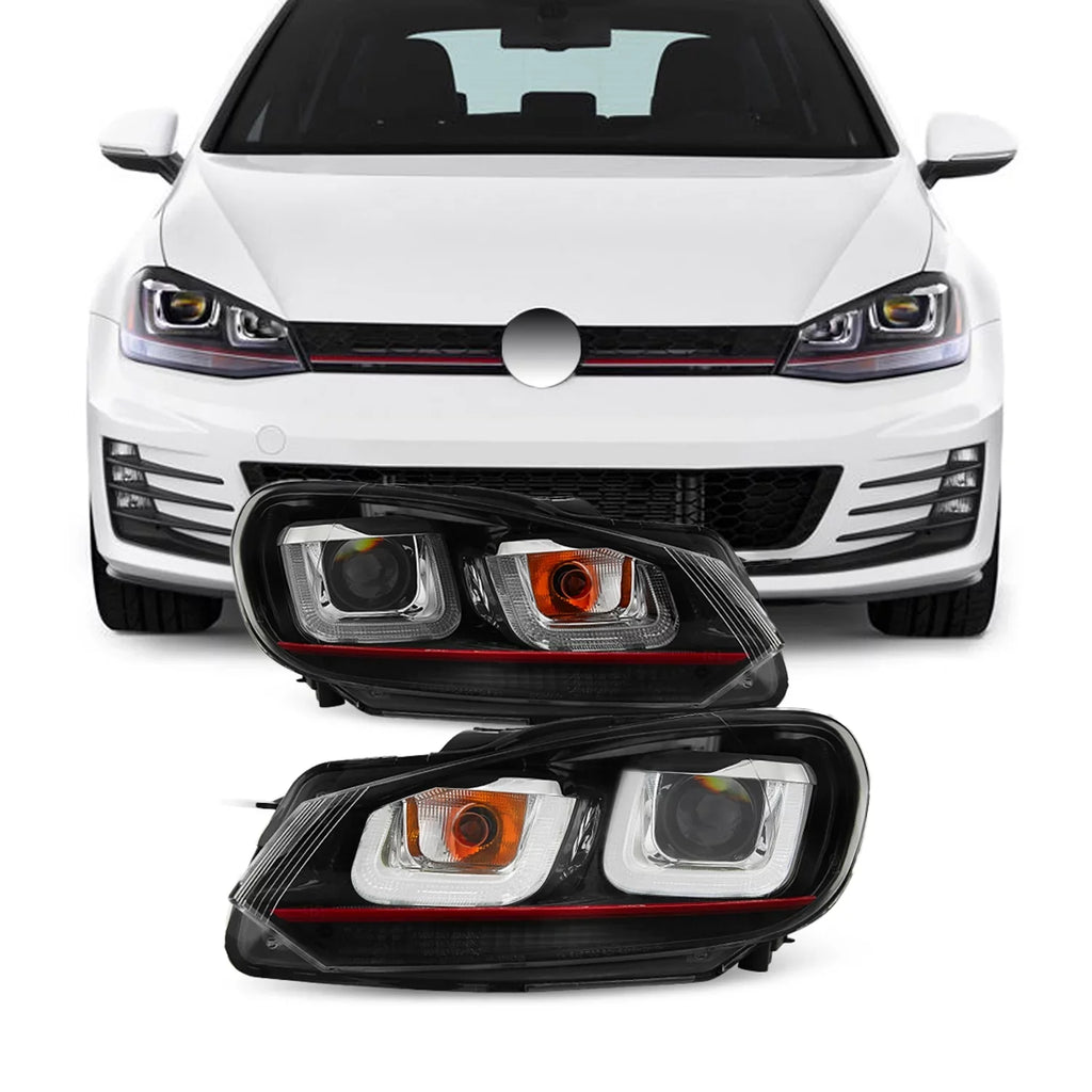 Black [Red AKKON Projector VW Pair Headlight 10-14 Stripe U-Halo] Dual GTI For Bazel - GOLF LED Tube