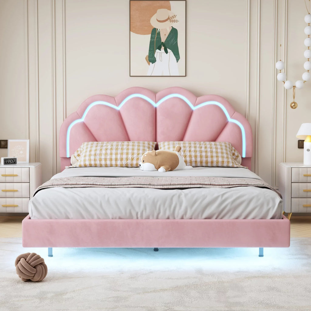 Wooden with Slats Velvet LED Queen Bed with Bed Upholstered Flowers LED Platform Smart CoSoTower Elegant Frame Headboard,Floating Support,Pink
