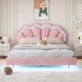 Wooden with Slats Velvet LED Queen Bed with Bed Upholstered Flowers LED Platform Smart CoSoTower Elegant Frame Headboard,Floating Support,Pink