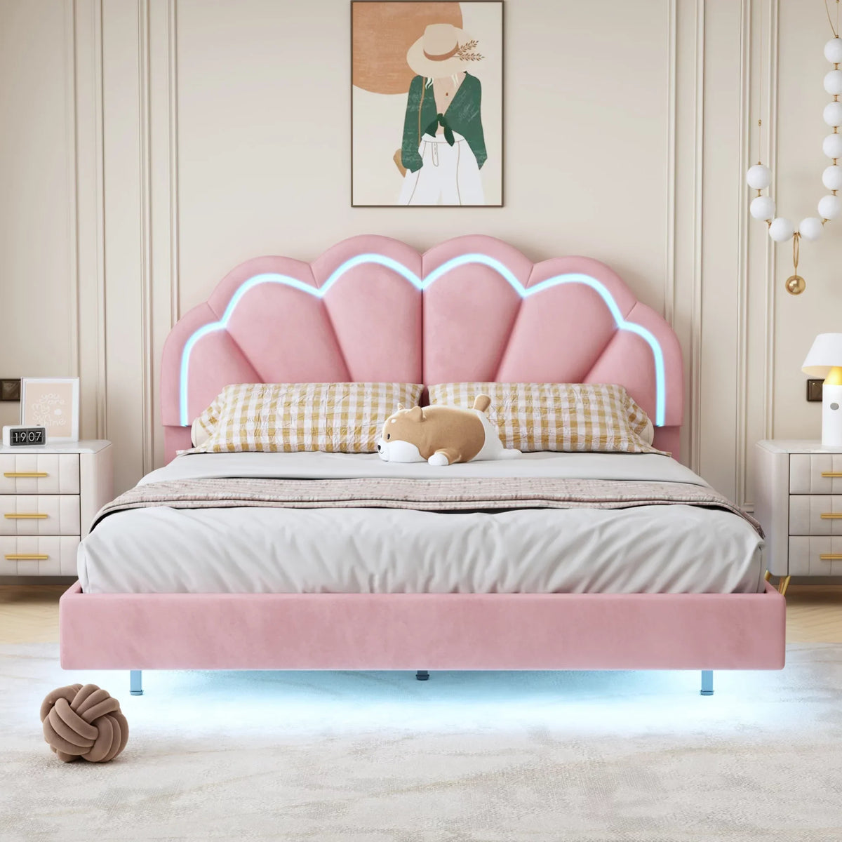 Wooden with Slats Velvet LED Queen Bed with Bed Upholstered Flowers LED Platform Smart CoSoTower Elegant Frame Headboard,Floating Support,Pink