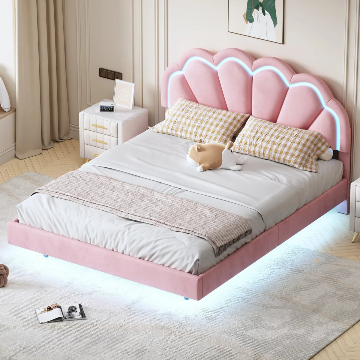 Wooden with Slats Velvet LED Queen Bed with Bed Upholstered Flowers LED Platform Smart CoSoTower Elegant Frame Headboard,Floating Support,Pink