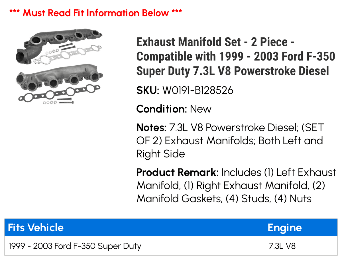 Manifold Diesel Exhaust Piece 2001 Super Duty Powerstroke 2003 Set 1999 2002 - Compatible - V8 with - F-350 2000 2 7.3L